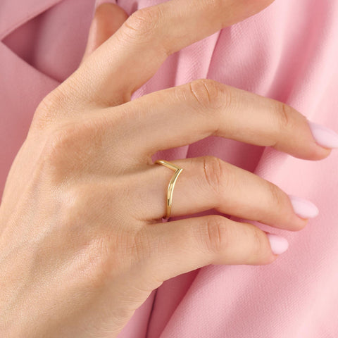 14k Gold Wishbone Chevron Ring – Curved Wedding Band | Stackable Thin Contour Ring for Women