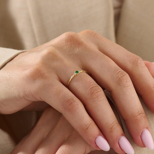 Women’s 14k Gold Minimalist Emerald Solitaire | Twisted Band Tiny Green Gem | Dainty Promise Stackable Jewelry Gift