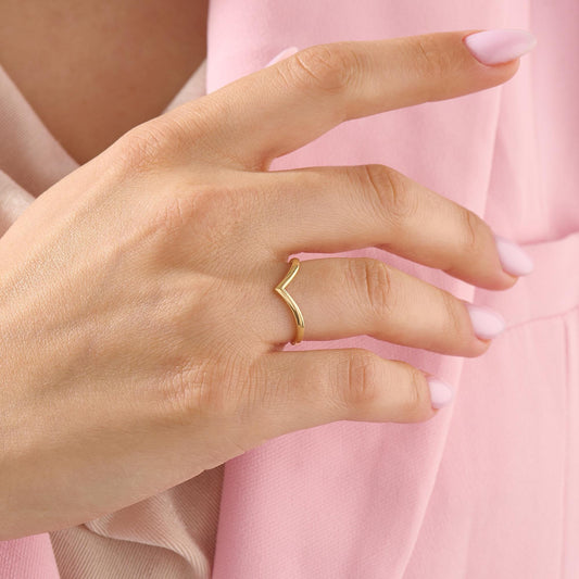 14k Gold Wishbone Chevron Ring – Curved Wedding Band | Stackable Thin Contour Ring for Women