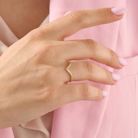 14k Gold Wishbone Chevron Ring – Curved Wedding Band | Stackable Thin Contour Ring for Women