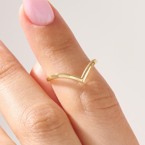 14k Gold Wishbone Chevron Ring – Curved Wedding Band | Stackable Thin Contour Ring for Women