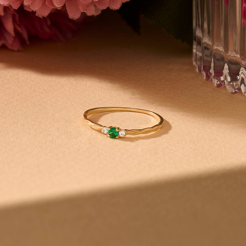 Women’s 14k Gold Minimalist Emerald Solitaire | Twisted Band Tiny Green Gem | Dainty Promise Stackable Jewelry Gift