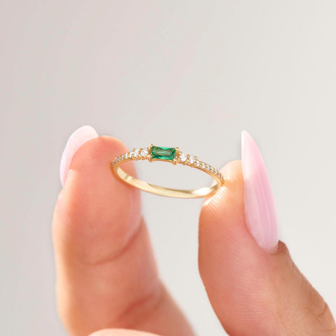Minimalist Baguette Emerald Ring – 14k Solid Gold with Pavé Diamonds | May Birthstone Gift for Her’s Birthday