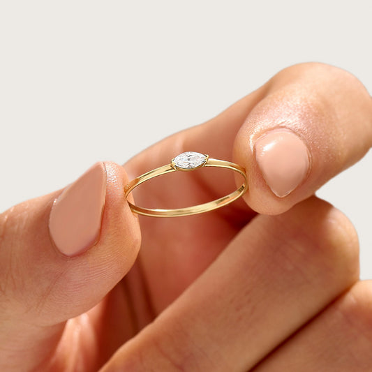 Handmade Minimalist Marquise Ring - 14k Gold Diamond Solitaire, Her Gift