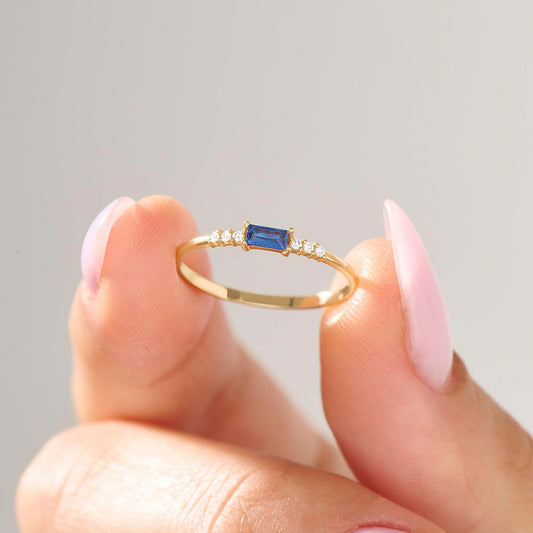 Dainty Blue Baguette Sapphire Ring – 14k Solid Gold | Minimalist Engagement Piece | September Birthstone Gift for Mom