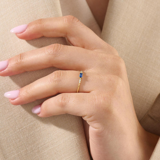 Dainty Blue Baguette Sapphire Ring – 14k Solid Gold | Minimalist Engagement Piece | September Birthstone Gift for Mom