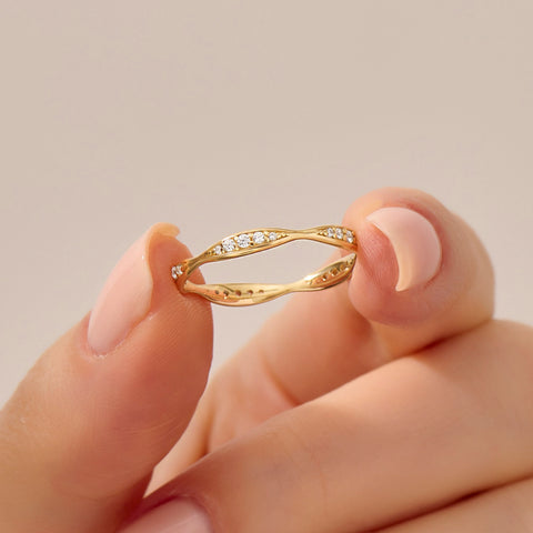 14K Solid Gold Diamond Wave Band – Pave Eternity Ring | Minimalist Wedding Band & Stackable Engagement Stacker