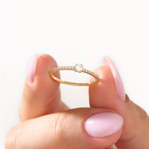 14K Solid Gold Diamond Solitaire Ring – Women's Minimalist Engagement Ring, Tiny Diamond Promise Band