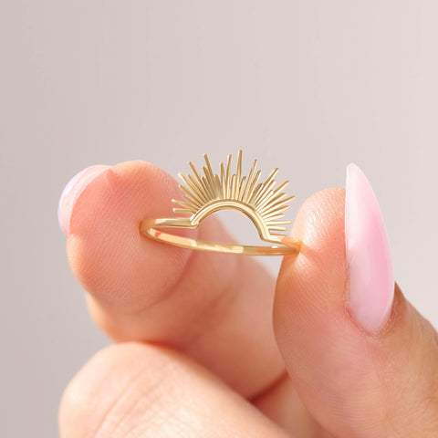 14k Gold Minimalist Nesting Band | Sunshine Curved Contour Ring | Engagement Solitaire Enhancer for Her