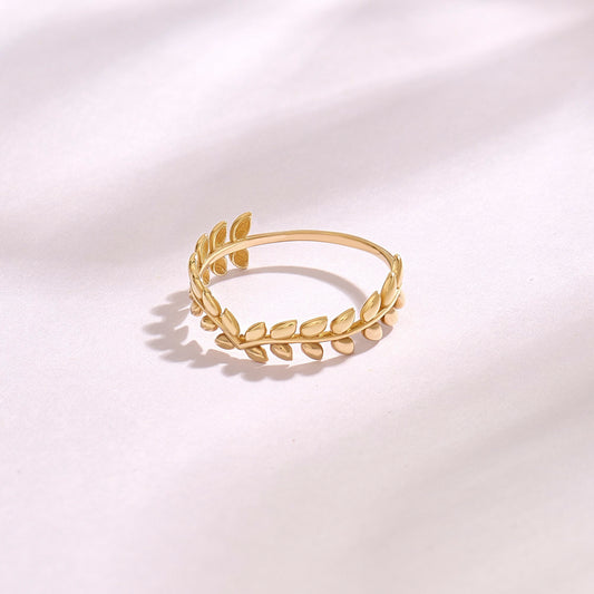 14K Solid Gold Olive Branch Ring – Dainty Leaf Vine Stackable Wedding Band