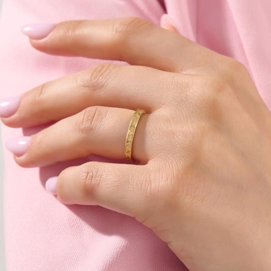 3mm Wheat Engraved Ring 14K Gold – His and Hers Simple Marriage Band