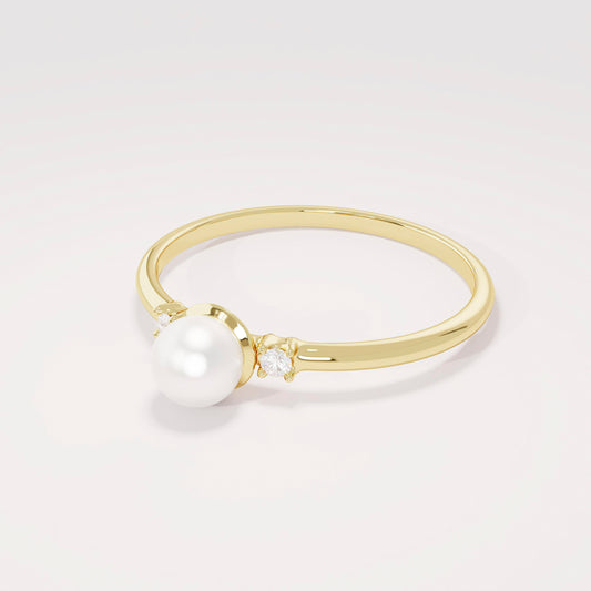 Dainty Freshwater Pearl Engagement Ring – 14k Solid Gold | Tiny Diamond Accent | Handmade Minimal Stacking Gift