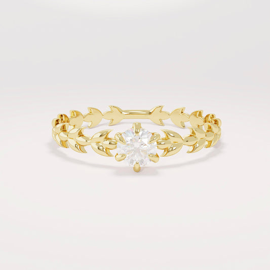 Handcrafted 14k Solid Gold Engagement Band - Diamond Solitaire with Vine Detailing, Minimalist Leaf Eternity Ring for Her, Nature-Floral Design