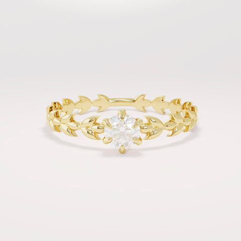 Handcrafted 14k Solid Gold Engagement Band - Diamond Solitaire with Vine Detailing, Minimalist Leaf Eternity Ring for Her, Nature-Floral Design