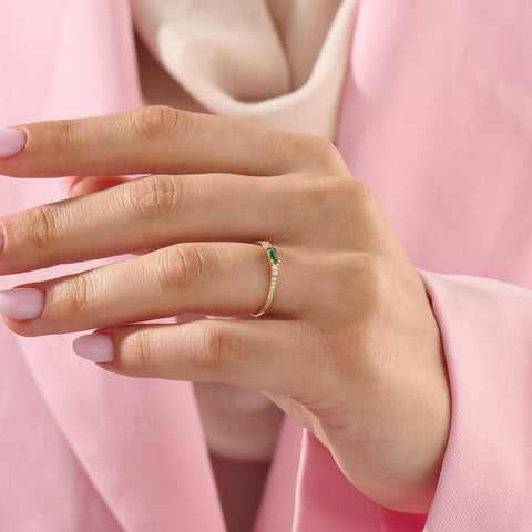 Minimalist Baguette Emerald Ring – 14k Solid Gold with Pavé Diamonds | May Birthstone Gift for Her’s Birthday