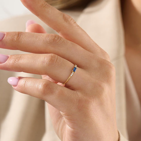 Dainty Blue Baguette Sapphire Ring – 14k Solid Gold | Minimalist Engagement Piece | September Birthstone Gift for Mom