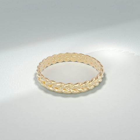 Nature-Inspired Wheat Ring 14K Gold – Unisex Floral Texture Gold Band