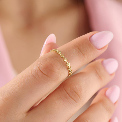 14k Solid Gold Dainty Floral Wedding Band - Vine Leaf Ring, Nature-Inspired Stackable Jewelry