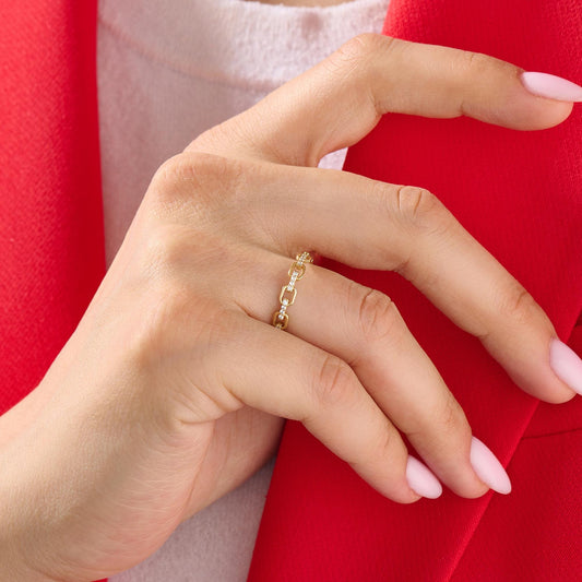 14k Solid Gold Diamond Open Link Ring – Women's Minimalist Stackable Eternity Band, Handmade Dainty Gift