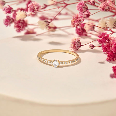 14k Solid Gold Diamond Engagement Ring | 0.3ctw Minimalist Solitaire Half Eternity Band | Promise Gift for Her Birthday