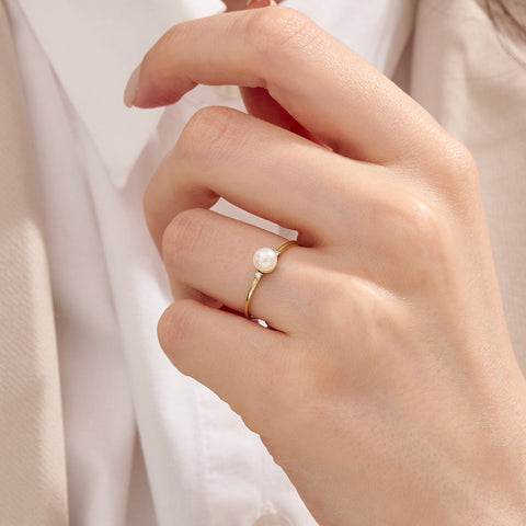 Dainty Freshwater Pearl Engagement Ring – 14k Solid Gold | Tiny Diamond Accent | Handmade Minimal Stacking Gift