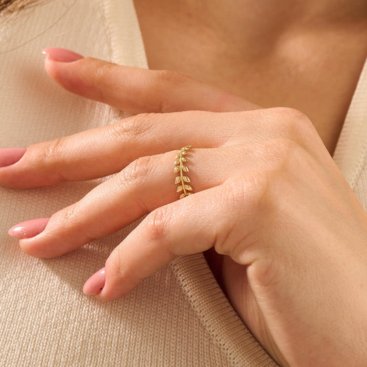 14K Solid Gold Olive Branch Ring – Dainty Leaf Vine Stackable Wedding Band