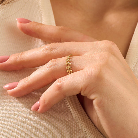 14K Solid Gold Olive Branch Ring – Dainty Leaf Vine Stackable Wedding Band