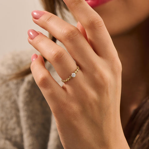 Handcrafted 14k Solid Gold Engagement Band - Diamond Solitaire with Vine Detailing, Minimalist Leaf Eternity Ring for Her, Nature-Floral Design