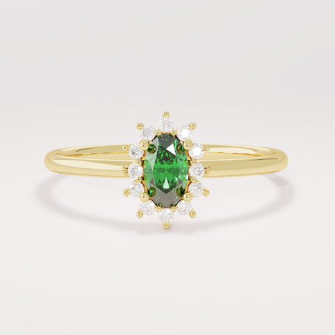 Minimalist Emerald Promise Ring – 14k Solid Gold | Dainty Flower Halo Solitaire | May Birthstone Jewelry for Her
