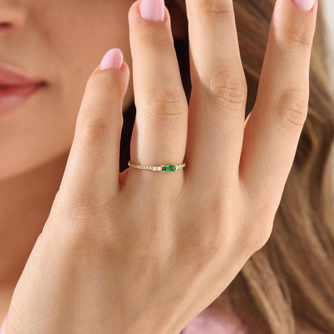 Minimalist Baguette Emerald Ring – 14k Solid Gold with Pavé Diamonds | May Birthstone Gift for Her’s Birthday