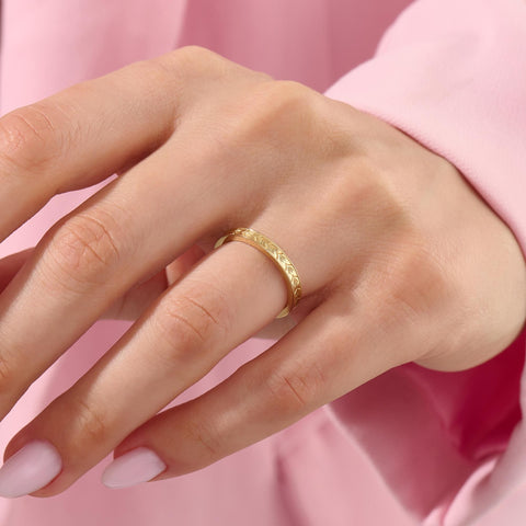 3mm Wheat Engraved Ring 14K Gold – His and Hers Simple Marriage Band
