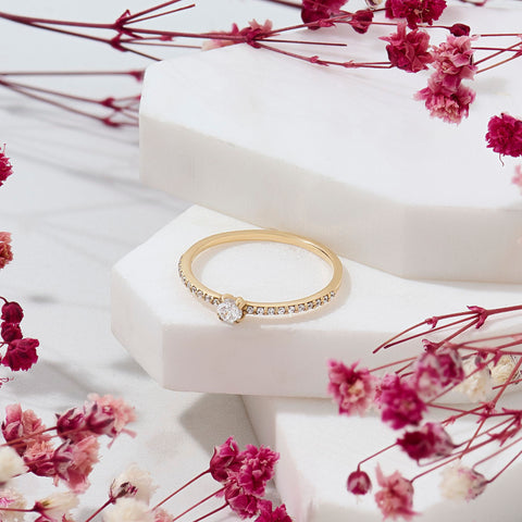 14k Solid Gold Diamond Engagement Ring | 0.3ctw Minimalist Solitaire Half Eternity Band | Promise Gift for Her Birthday