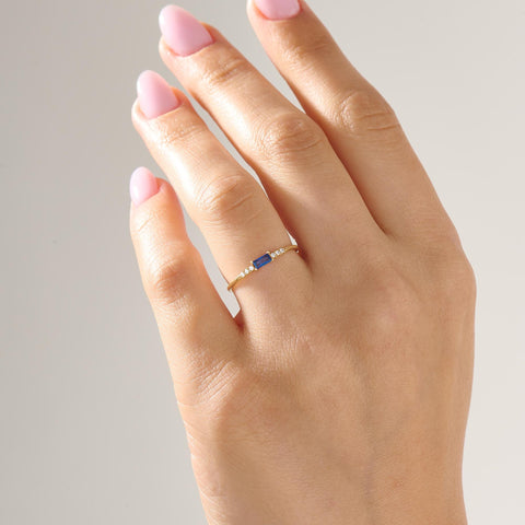 Dainty Blue Baguette Sapphire Ring – 14k Solid Gold | Minimalist Engagement Piece | September Birthstone Gift for Mom