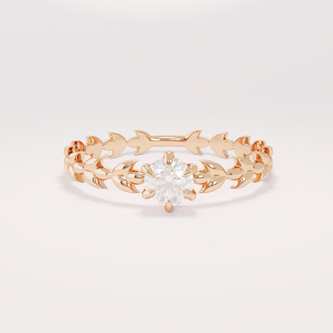 Handcrafted 14k Solid Gold Engagement Band - Diamond Solitaire with Vine Detailing, Minimalist Leaf Eternity Ring for Her, Nature-Floral Design