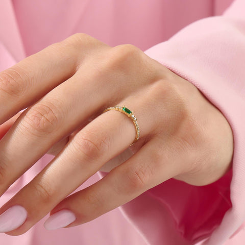 Minimalist Baguette Emerald Ring – 14k Solid Gold with Pavé Diamonds | May Birthstone Gift for Her’s Birthday