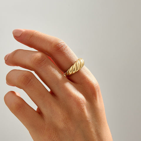 14K Solid Gold Shrimp Croissant Dome Ring – Chunky Twisted Rope Statement Band