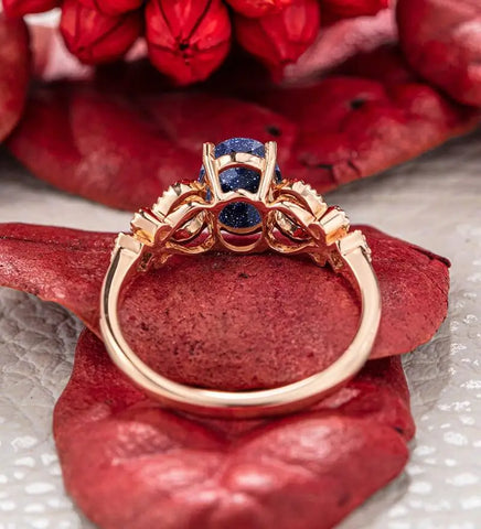 Oval Cut Blue Sandstone Engagement Ring Moissanite Diamond Wedding Ring Vintage Rose Gold Bridal Ring Promise Anniversary Ring For Women