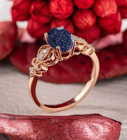 Oval Cut Blue Sandstone Engagement Ring Moissanite Diamond Wedding Ring Vintage Rose Gold Bridal Ring Promise Anniversary Ring For Women