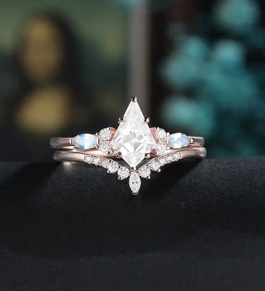 Kite Cut Moissanite Bridal Set Solid Gold Engagement Ring Set Marquise Moonstone Bridal Set Anniversary Diamond Wedding Ring Vintage Promise Ring For Women