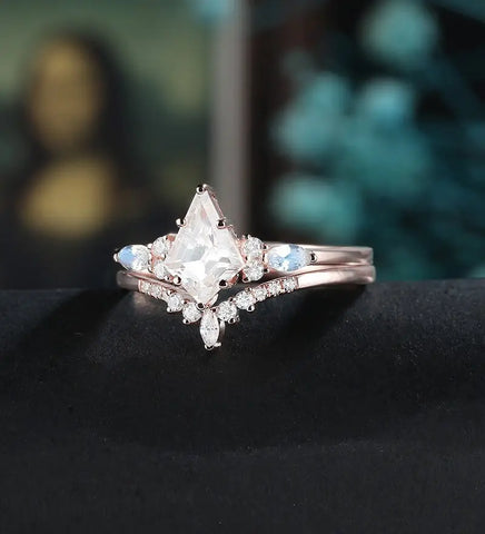 Kite Cut Moissanite Bridal Set Solid Gold Engagement Ring Set Marquise Moonstone Bridal Set Anniversary Diamond Wedding Ring Vintage Promise Ring For Women