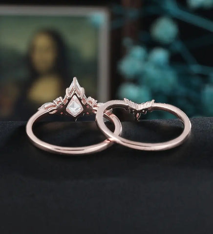 Kite Cut Moissanite Bridal Set Solid Gold Engagement Ring Set Marquise Moonstone Bridal Set Anniversary Diamond Wedding Ring Vintage Promise Ring For Women