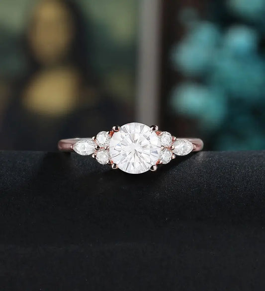 Round Cut Moissanite Engagement Ring Marquise Cut Diamond Ring Vintage Solid Gold Wedding Ring Promise for Her Anniversary Bridal Ring