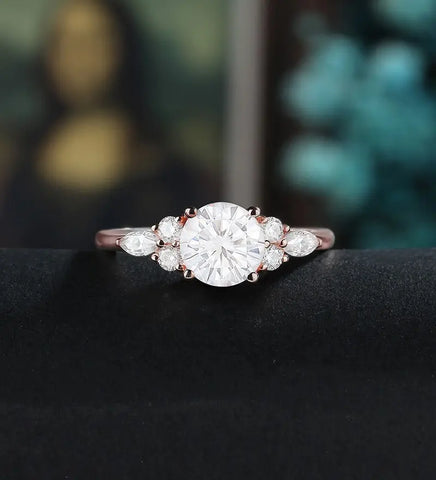 Round Cut Moissanite Engagement Ring Marquise Cut Diamond Ring Vintage Solid Gold Wedding Ring Promise for Her Anniversary Bridal Ring