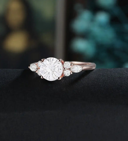 Round Cut Moissanite Engagement Ring Marquise Cut Diamond Ring Vintage Solid Gold Wedding Ring Promise for Her Anniversary Bridal Ring