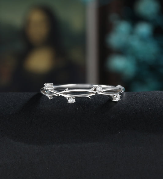 Solid Gold Moissanite Wedding Band Half Eternity Diamond Branch Twig White Gold Wedding Ring Unique Natural Inspired Stacking Ring Promise Anniversary Bridal Ring