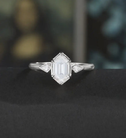 Long Hexagon Cut Engagement Ring Moissanite Solid Gold Promise Ring Anniversary Diamond Wedding Ring Solid Gold Vintage Ring Unique Bridal promise Ring For Women