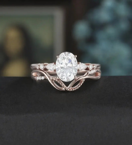 Vintage Oval Cut Engagement Ring Set Solid Gold Bridal Set Diamond Wedding Ring Anniversary Promise Ring For Her