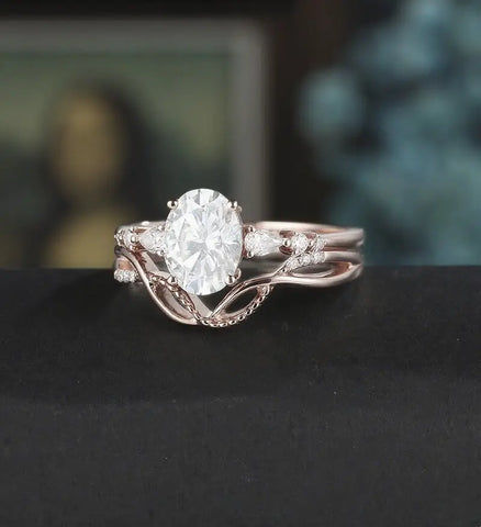 Vintage Oval Cut Engagement Ring Set Solid Gold Bridal Set Diamond Wedding Ring Anniversary Promise Ring For Her