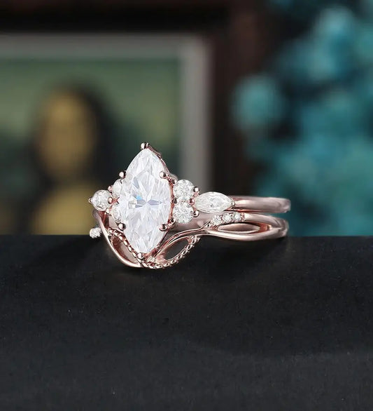 Marquise Cut Engagement Ring Set Solid Gold Moissanite Bridal Set Anniversary Diamond Wedding Ring Anniversary Promise Ring For Her