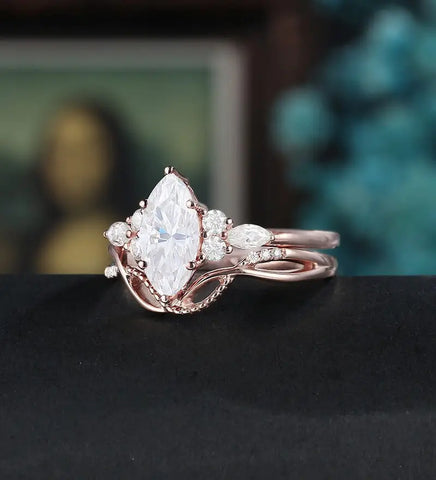 Marquise Cut Engagement Ring Set Solid Gold Moissanite Bridal Set Anniversary Diamond Wedding Ring Anniversary Promise Ring For Her